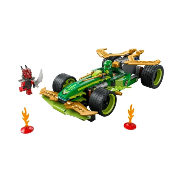 LEGO Ninjago 71828 set featuring Lloyd's pull-back race car in vibrant green with sleek design and racing details