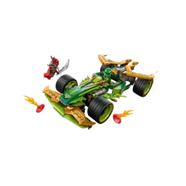 LEGO Ninjago 71828 set featuring Lloyd's pull-back race car in vibrant green with sleek design and racing details