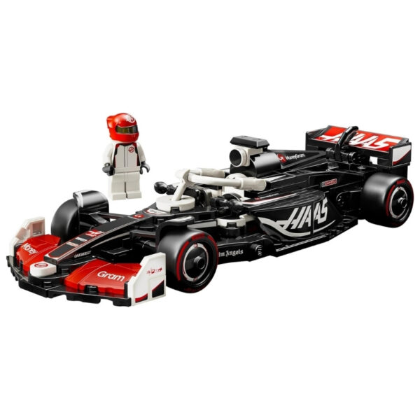 LEGO Speed 77250 set featuring the Haas F1 Team VF-24 race car, showcasing detailed design and vibrant colors