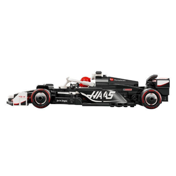LEGO Speed 77250 set featuring the Haas F1 Team VF-24 race car, showcasing detailed design and vibrant colors