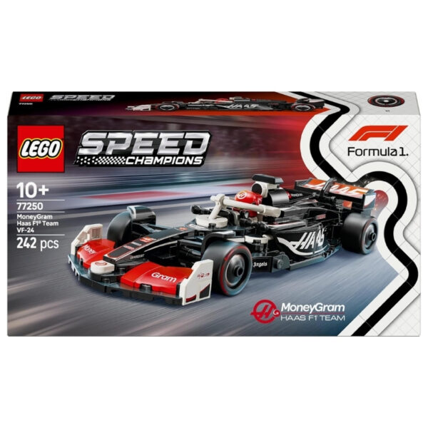 LEGO Speed 77250 set featuring the Haas F1 Team VF-24 race car, showcasing detailed design and vibrant colors