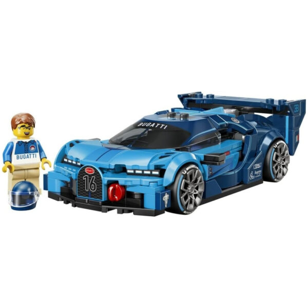 LEGO Speed Champions 77253 set featuring a detailed Bugatti Vision GT hypercar model in vibrant colors