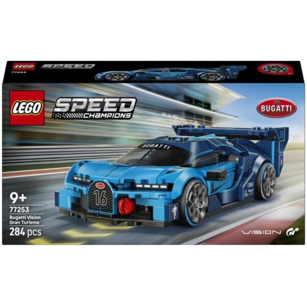 LEGO Speed Champions 77253 set featuring a detailed Bugatti Vision GT hypercar model in vibrant colors