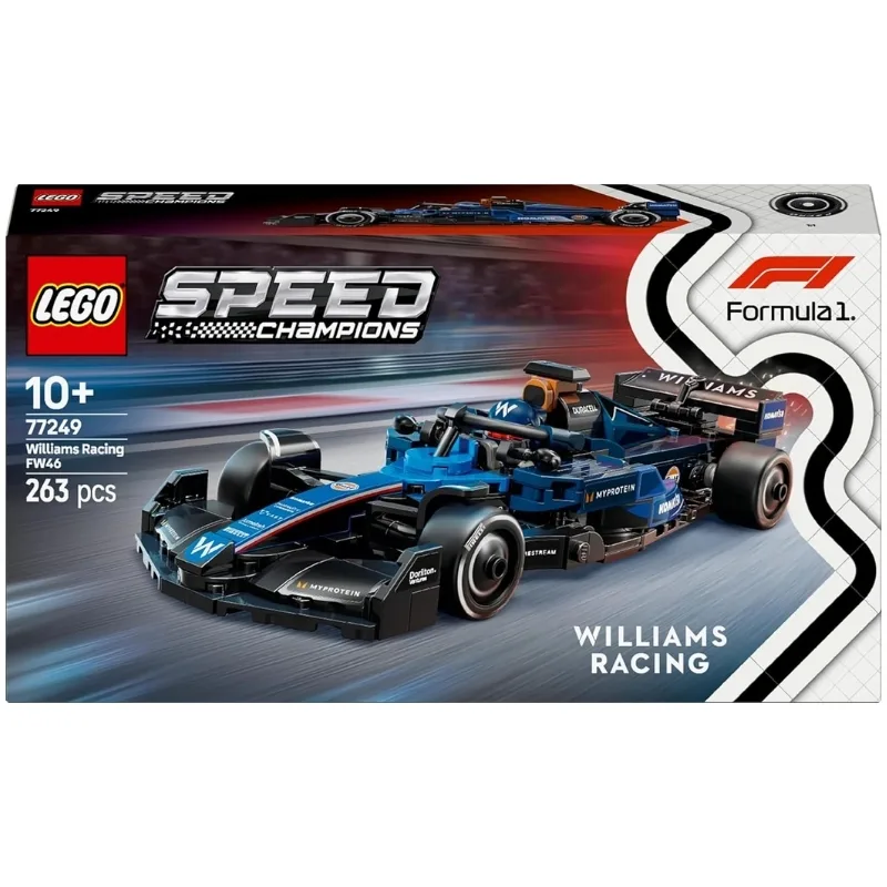 Detailed LEGO model of the Williams FW46 F1 racing car, featuring authentic design elements and vibrant colors