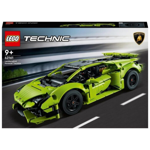 LEGO Technic 42161 model of a Lamborghini Huracán Tecnica, showcasing intricate details and sleek design