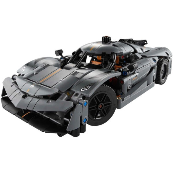 LEGO Technic 42173 model of a grey Koenigsegg Jesko Absolut hypercar, showcasing intricate design and details