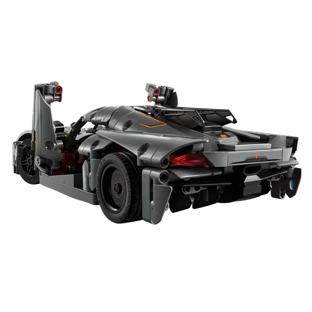LEGO Technic 42173 model of a grey Koenigsegg Jesko Absolut hypercar, showcasing intricate design and details