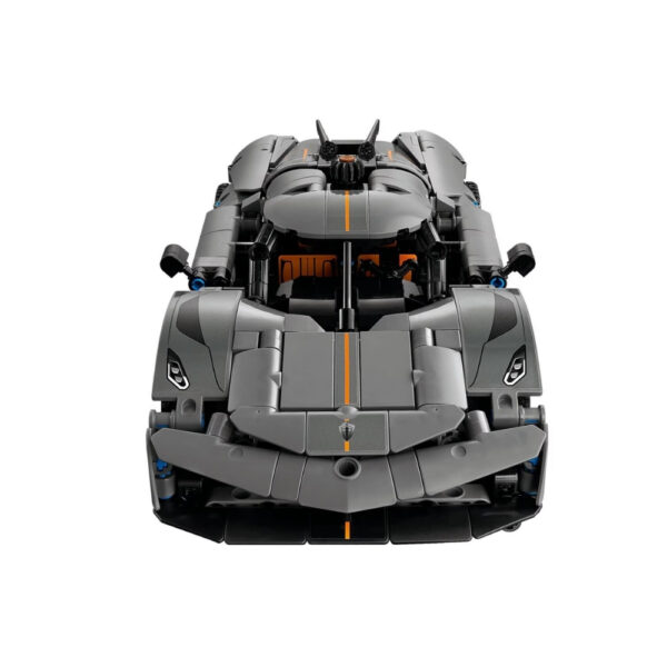 LEGO Technic 42173 model of a grey Koenigsegg Jesko Absolut hypercar, showcasing intricate design and details