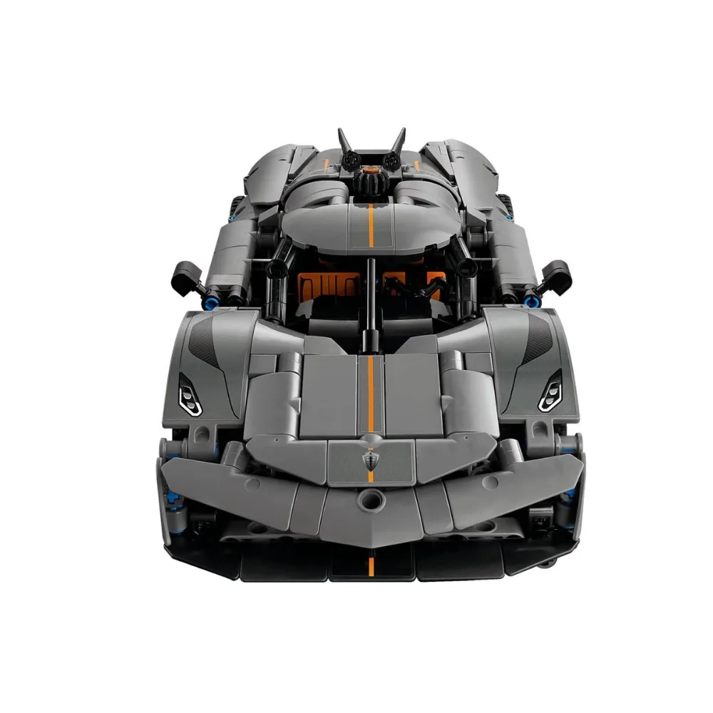 LEGO Technic 42173 model of a grey Koenigsegg Jesko Absolut hypercar, showcasing intricate design and details