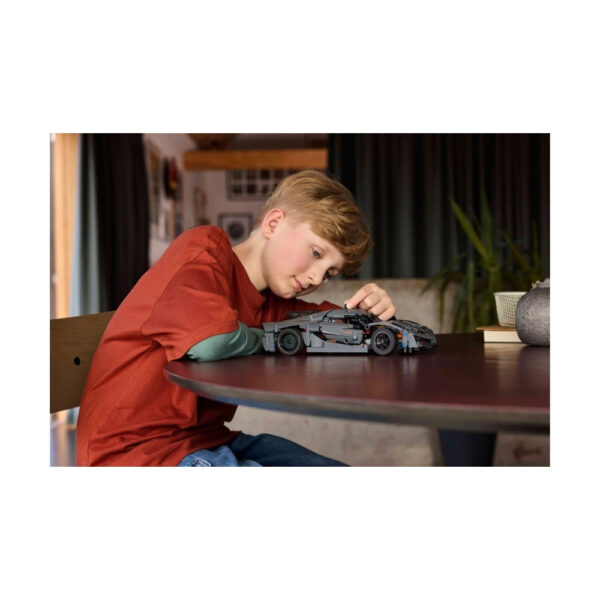 LEGO Technic 42173 model of a grey Koenigsegg Jesko Absolut hypercar, showcasing intricate design and details