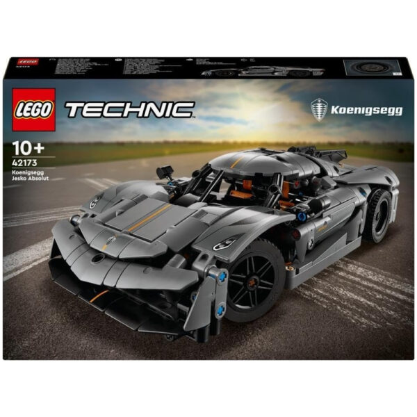 LEGO Technic 42173 model of a grey Koenigsegg Jesko Absolut hypercar, showcasing intricate design and details