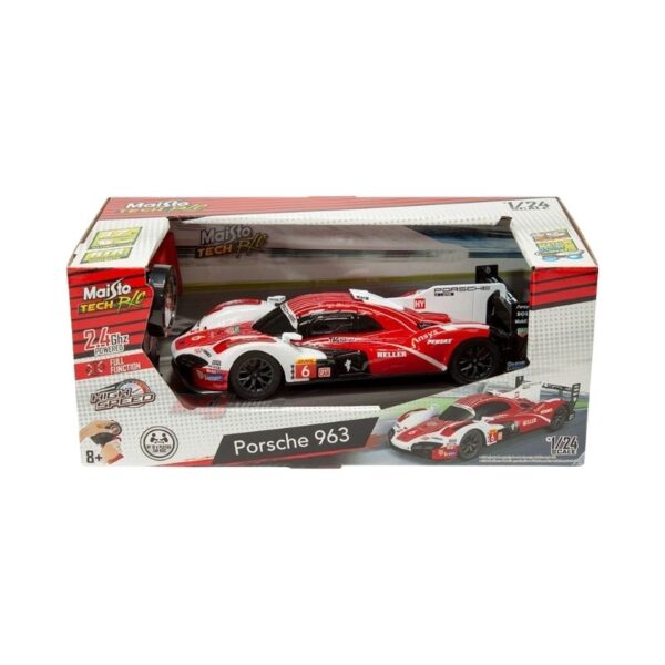 Maisto 1:24 scale RC model of a Porsche 963 Endurance Racer, showcasing detailed design and vibrant colors