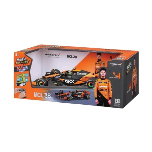 Maisto 1:24 scale model of McLaren F1 car MCL38, featuring USB rechargeable 2.4 GHz remote control for Miami GP