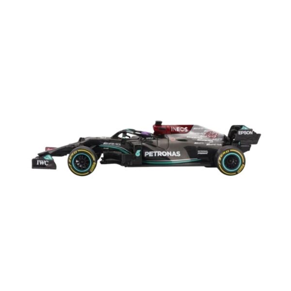 Die-cast model of a Maisto 1:24 scale Mercedes AMG F1 W12 E Performance racing car in sleek black and silver design