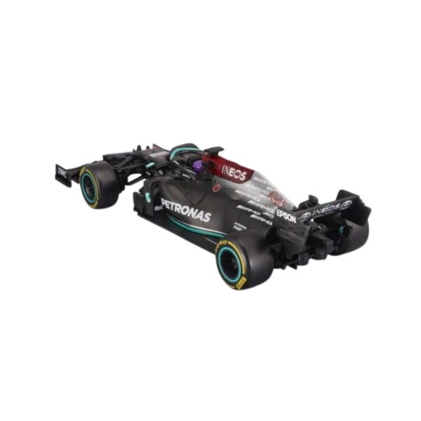 Die-cast model of a Maisto 1:24 scale Mercedes AMG F1 W12 E Performance racing car in sleek black and silver design