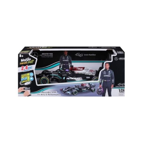 Die-cast model of a Maisto 1:24 scale Mercedes AMG F1 W12 E Performance racing car in sleek black and silver design
