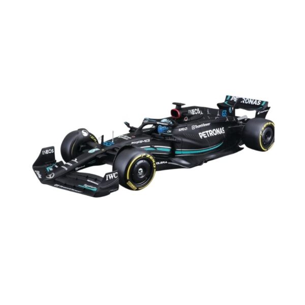 Die-cast model of a Maisto 1:24 scale Mercedes AMG F1 W12 E Performance racing car in sleek black and silver design