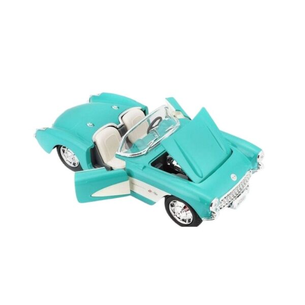 Maisto 1:24 scale model of a 1957 Chevrolet Corvette in special edition, showcasing its classic design and vibrant color