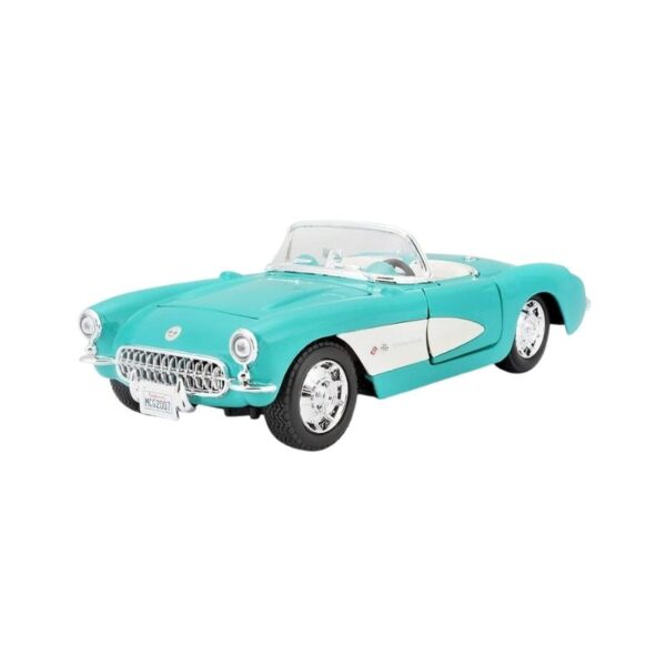Maisto 1:24 scale model of a 1957 Chevrolet Corvette in special edition, showcasing its classic design and vibrant color