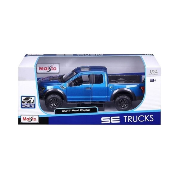 Maisto 1:24 scale model of a blue 2017 Ford Raptor truck, part of the Special Edition collection