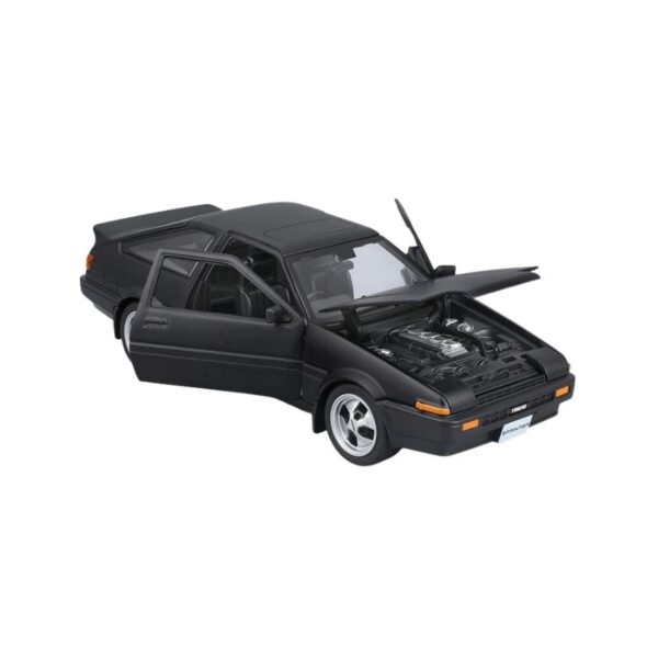 Maisto 1:24 scale model of a black Toyota Sprinter Trueno AE86, showcasing detailed design and craftsmanship