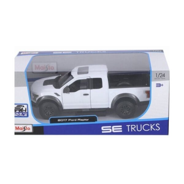 Die-cast model of a 2017 Special Edition Ford Raptor in 1:24 scale, showcasing detailed design and vibrant colors