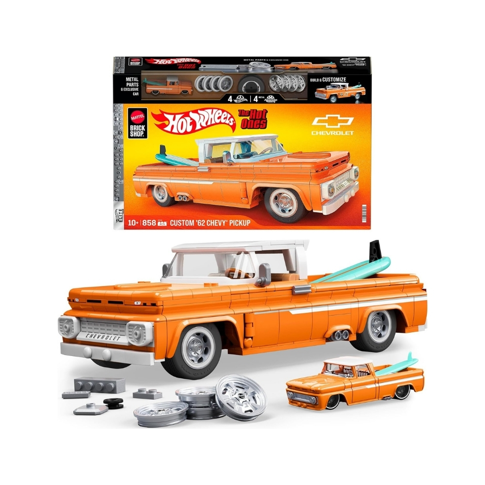 Mattel Brick Shop Hot Wheels Custom '62 Elite Chevy Pickup - JFT20 Hot Wheels Custom '62 Elite Chevy Pickup by Mattel, showcasing a sleek design and bright colors, perfect for collectors