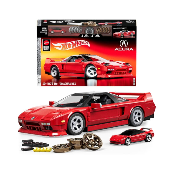 Hot Wheels Elite Acura NSX model from Mattel's Brick Shop, showcasing detailed design and vibrant colors