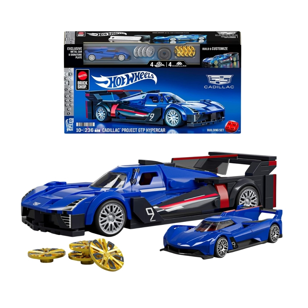 Mattel Brick Shop Hot Wheels Speed Cadillac - JFR89 Hot Wheels Speed Cadillac toy car from Mattel, featuring vibrant colors and sleek design, displayed in a brick shop setting
