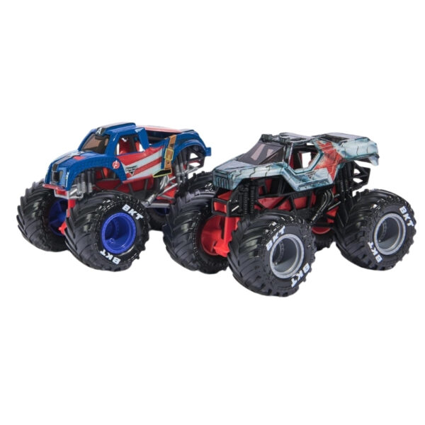 Two 1:64 scale Monster Jam vehicles featuring Captain America and Winter Soldier in a dynamic action-packed design