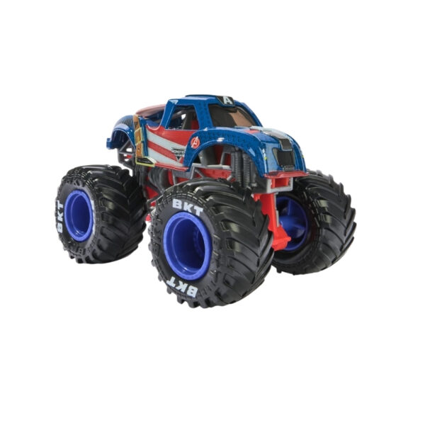 Two 1:64 scale Monster Jam vehicles featuring Captain America and Winter Soldier in a dynamic action-packed design
