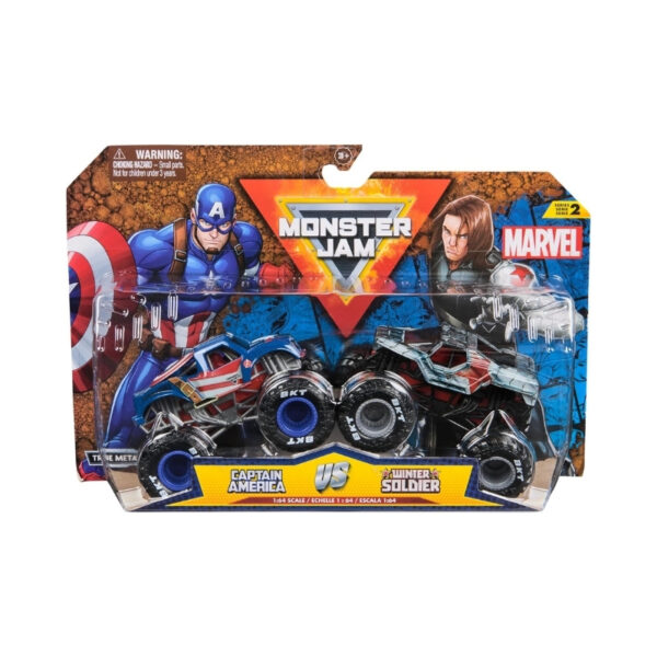 Two 1:64 scale Monster Jam vehicles featuring Captain America and Winter Soldier in a dynamic action-packed design