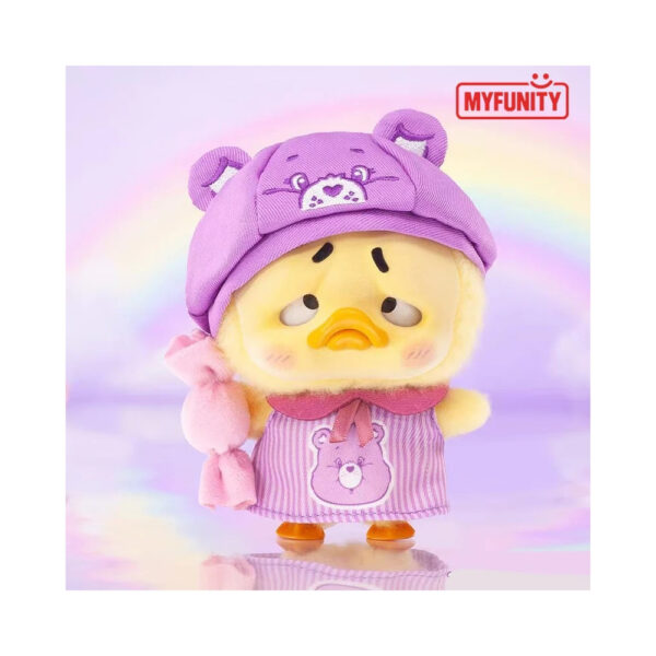 Plush keychain of a rainbow duck from the Care Bears x Upset Duck collaboration, presented in a blindbox packaging