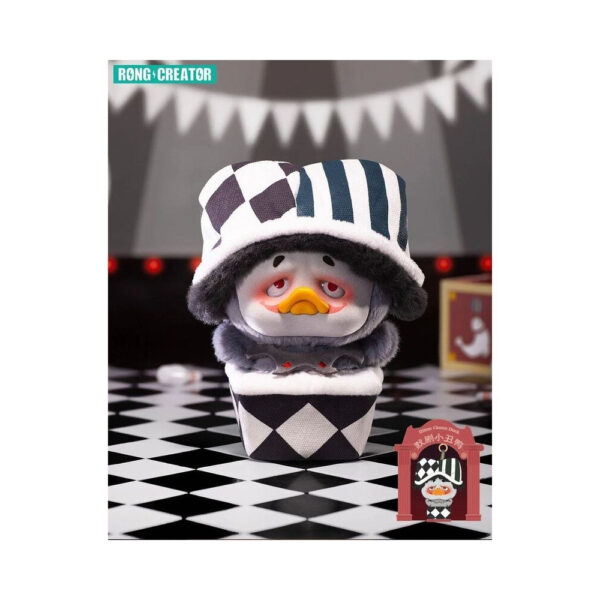 Cute plush keychain of an upset duck in a circus theme, part of a collectible blind box toy series for kids