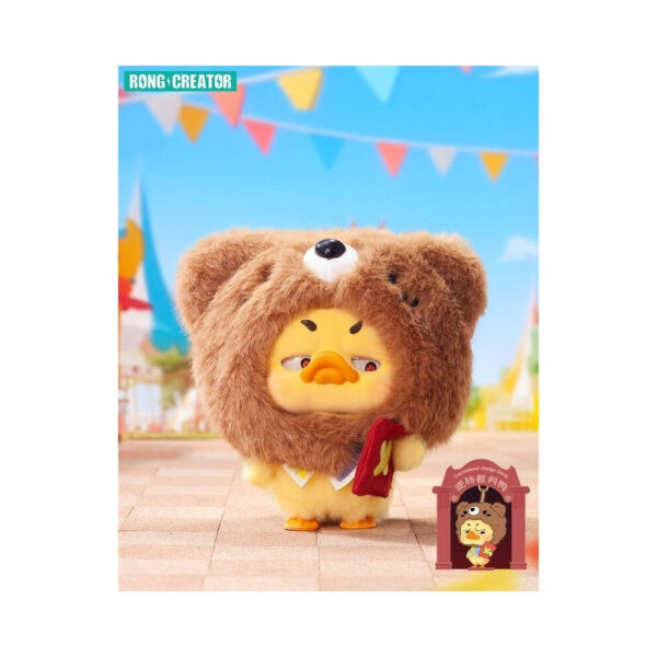 Cute plush keychain of an upset duck in a circus theme, part of a collectible blind box toy series for kids