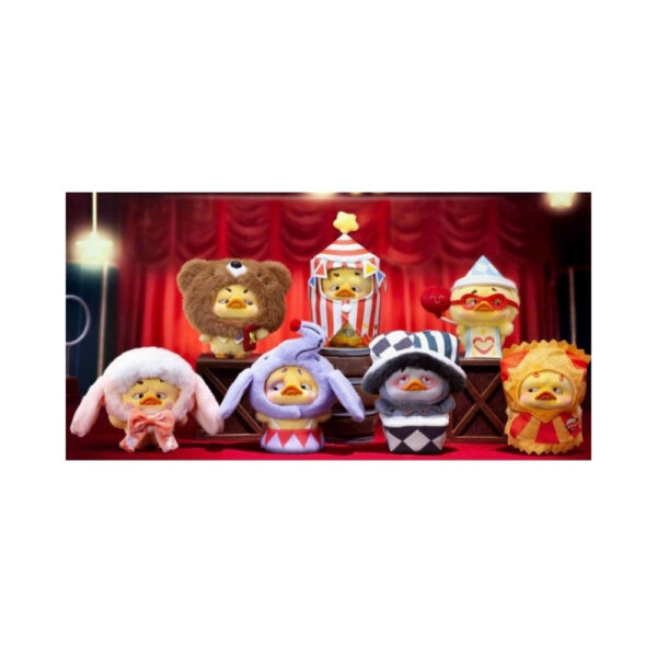 Cute plush keychain of an upset duck in a circus theme, part of a collectible blind box toy series for kids