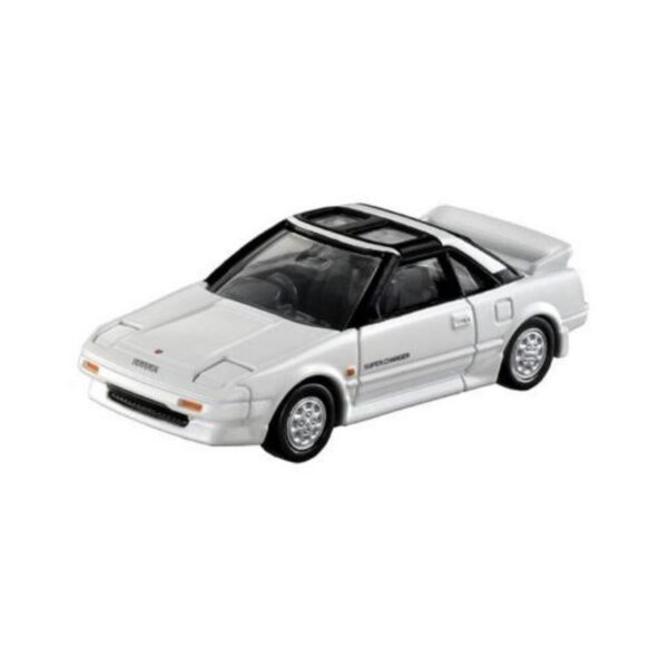 Takara Tomica model of a Toyota MR2, showcasing its sleek design and vibrant colors in a detailed miniature form