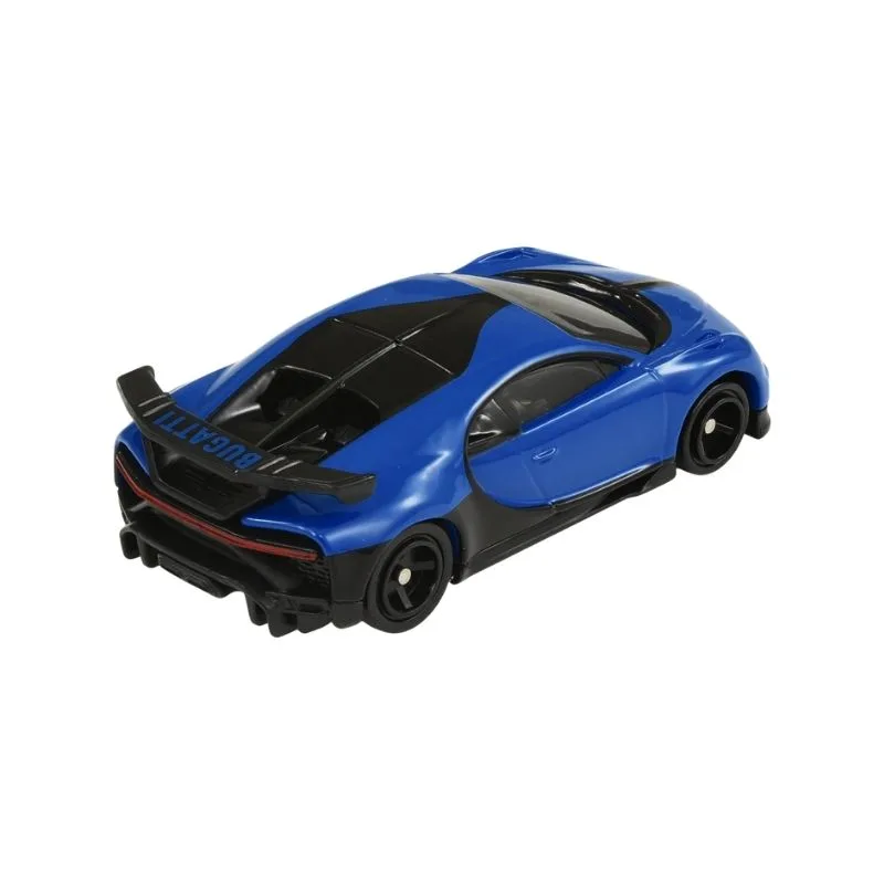 Takara Tomy Tomica Bugatti Chiron Pure Sport toy car in sleek blue and black design, showcasing detailed features and wheels