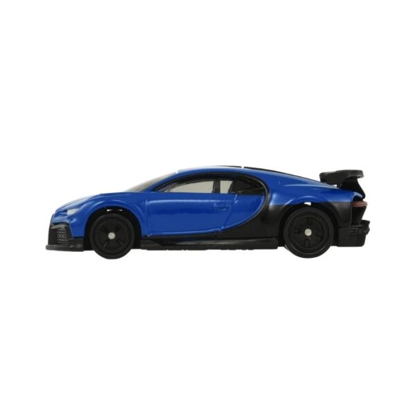Takara Tomy Tomica Bugatti Chiron Pure Sport toy car in sleek blue and black design, showcasing detailed features and wheels