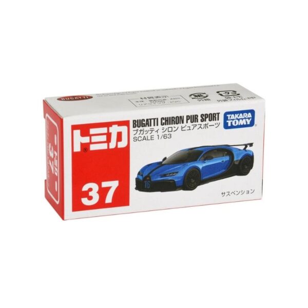 Takara Tomy Tomica Bugatti Chiron Pure Sport toy car in sleek blue and black design, showcasing detailed features and wheels