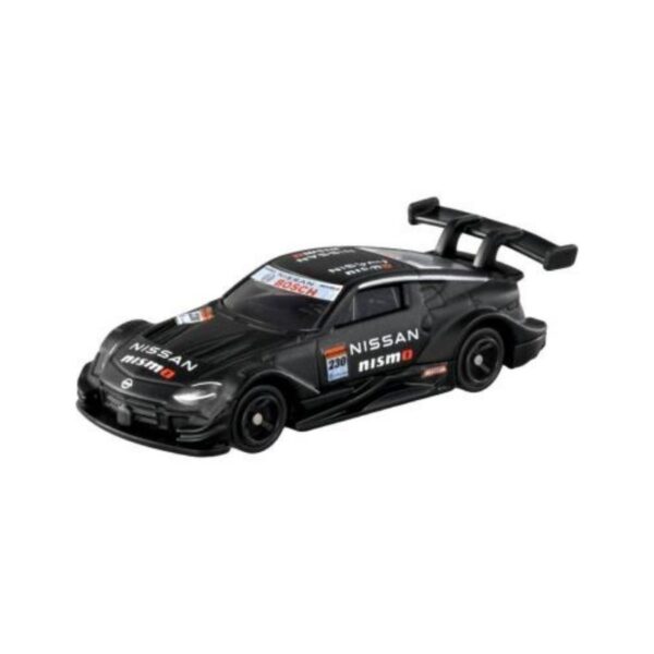 Takara Tomy Tomica model of a Fairlady Z Nismo GT500, showcasing detailed design and vibrant colors