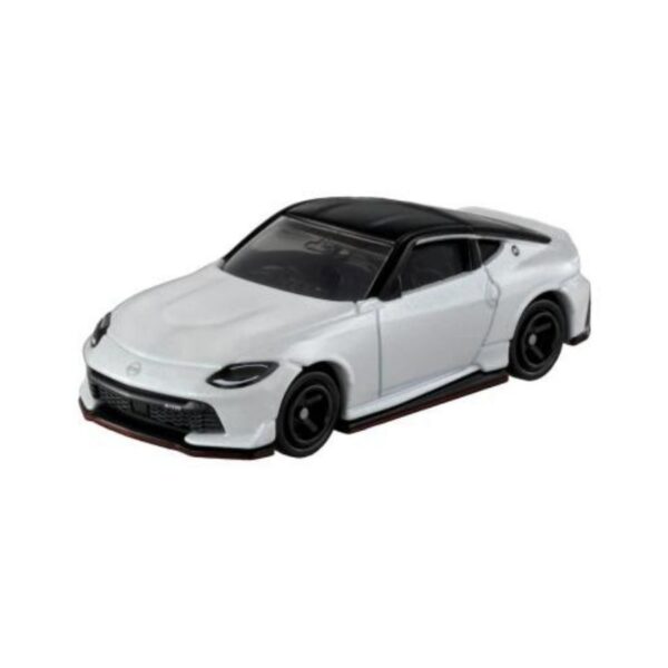 A detailed model of a Takara Tomy Tomica Fairlady Z Nismo sports car, showcasing its sleek design and vibrant colors
