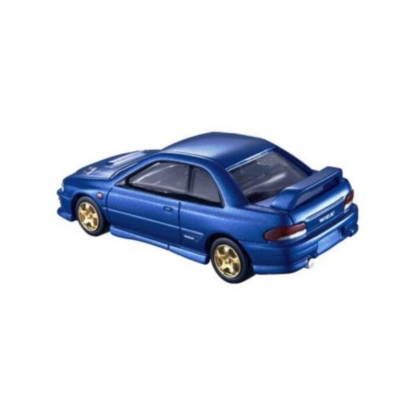 A detailed model of a Takara Tomy Tomica Impreza WRX Type R STi in vibrant blue, showcasing its sleek design and features