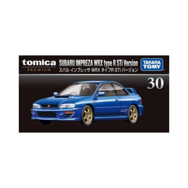 A detailed model of a Takara Tomy Tomica Impreza WRX Type R STi in vibrant blue, showcasing its sleek design and features