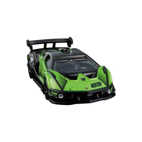Takara Tomy Tomica model of a Lamborghini Essenza SCV12 in vibrant colors, showcasing its sleek design and details