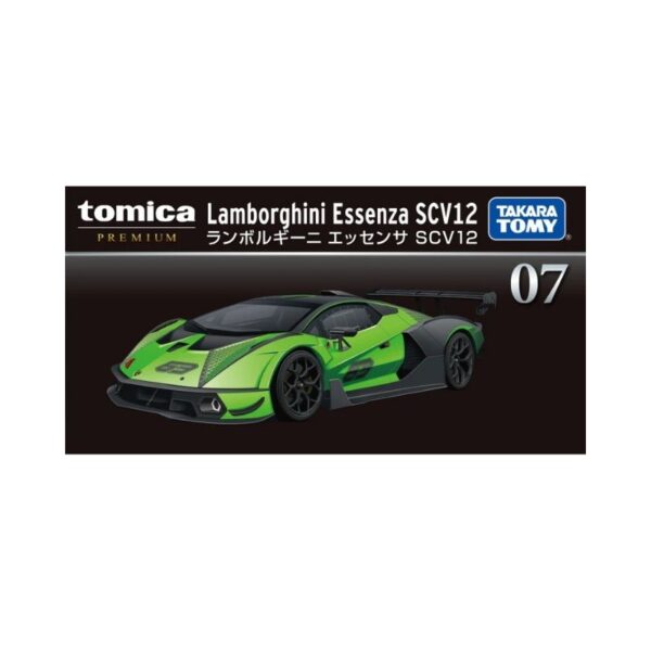 Takara Tomy Tomica model of a Lamborghini Essenza SCV12 in vibrant colors, showcasing its sleek design and details
