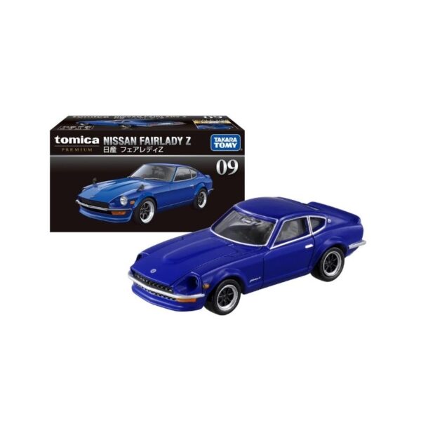 Takara Tomy Tomica model of a Nissan Fairlady Z in vibrant colors, showcasing its sleek design and detailed features
