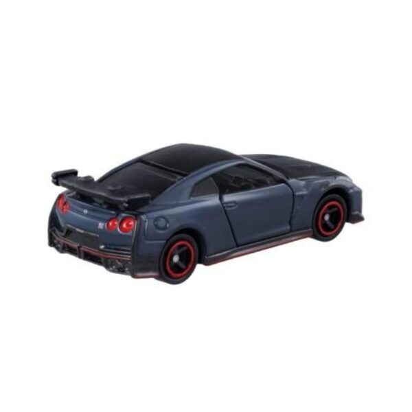 Takara Tomy Tomica model of a Nissan GT-R Nismo in detailed die-cast design, showcasing its sleek racing features