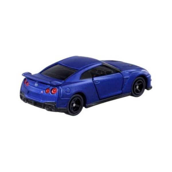 Takara Tomy Tomica model of a Nissan GT-R in vibrant colors, showcasing its sleek design and detailed features