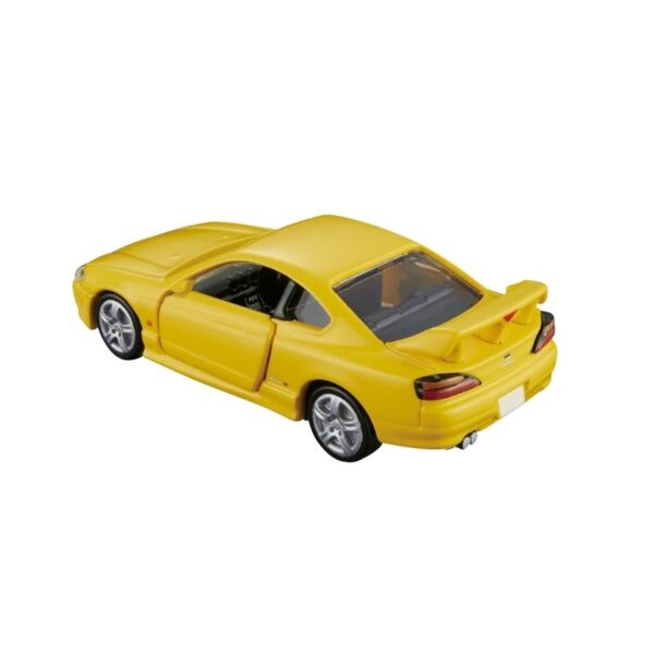 Takara Tomy Tomica model of a Nissan Silvia (S15) in detailed die-cast design, showcasing its sleek sports car features